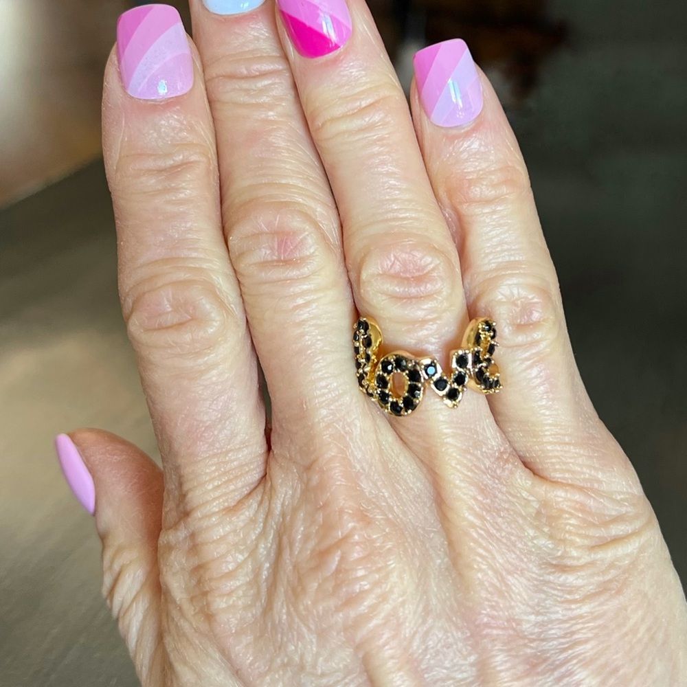 Love Allover Black Rhinestone 1/2" Cursive Gold Ring 8 Bride Gift Mothers Day